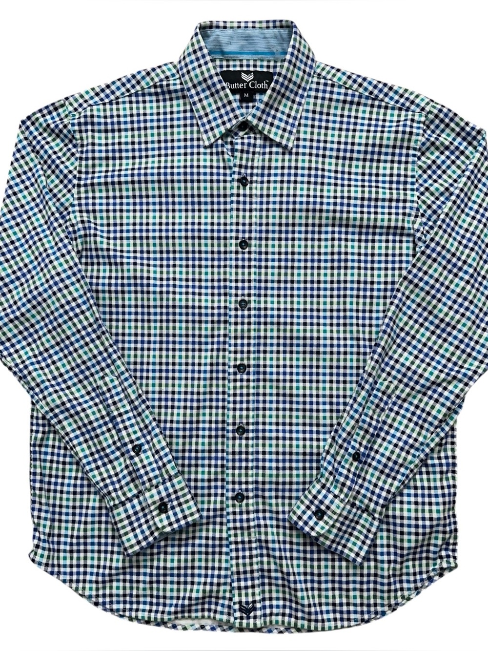 Buttercloth Shirt Mens Size M Long Sleeve Button Check Green Blue